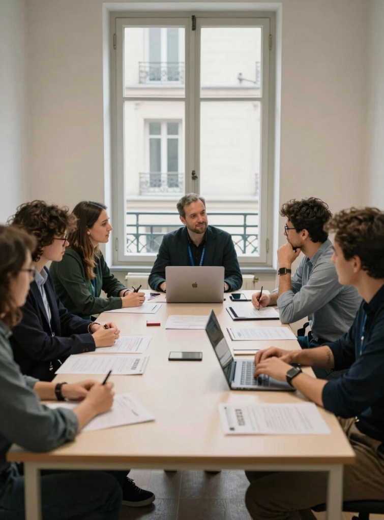 Professionnels du secteur médico-social réunis autour de documents de travail