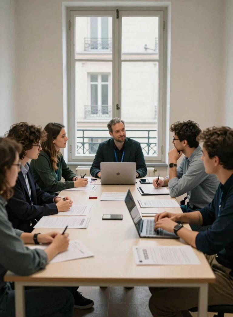 Professionnels du secteur médico-social réunis autour de documents de travail